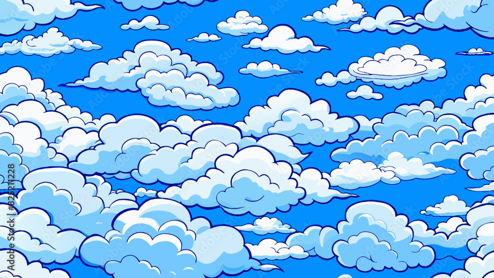 Aufkleber The sky was filled with fluffy white clouds slowly drifting across the bright blue canvas creating everchanging shapes and patterns.. Cartoon Vector.