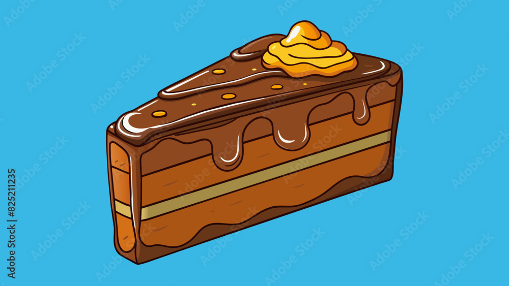 Poster The slice of chocolate cake was extra decadent with a thick layer of gooey fudge between the moist layers and a generous drizzle of caramel on top.. Cartoon Vector.