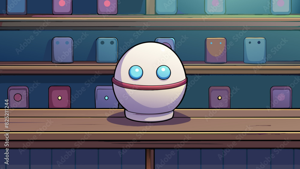 Aufkleber The small round object sat innocuously on the shelf its smooth white surface almost glowing in the dimly lit room. Tiny buttons adorned its front. Cartoon Vector.