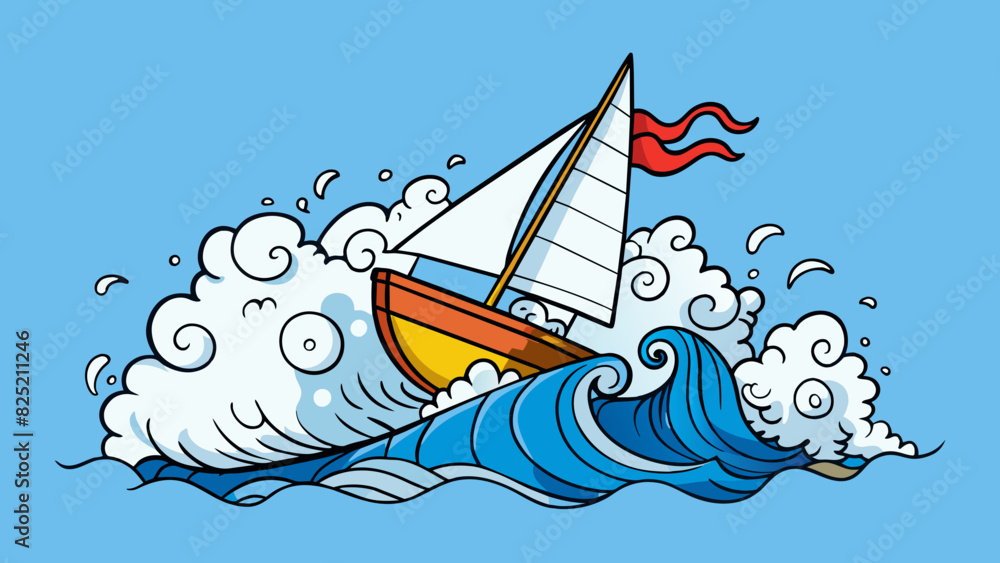 Poster The small sailboat struggled against the powerful wind its sails billowing and the water churning beneath it.. Cartoon Vector.