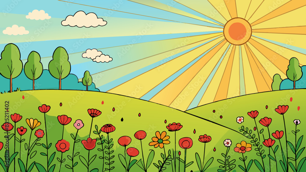 Poster The suns rays spreading across a field of wildflowers a kind light that nurtures and sustains life.. Cartoon Vector.