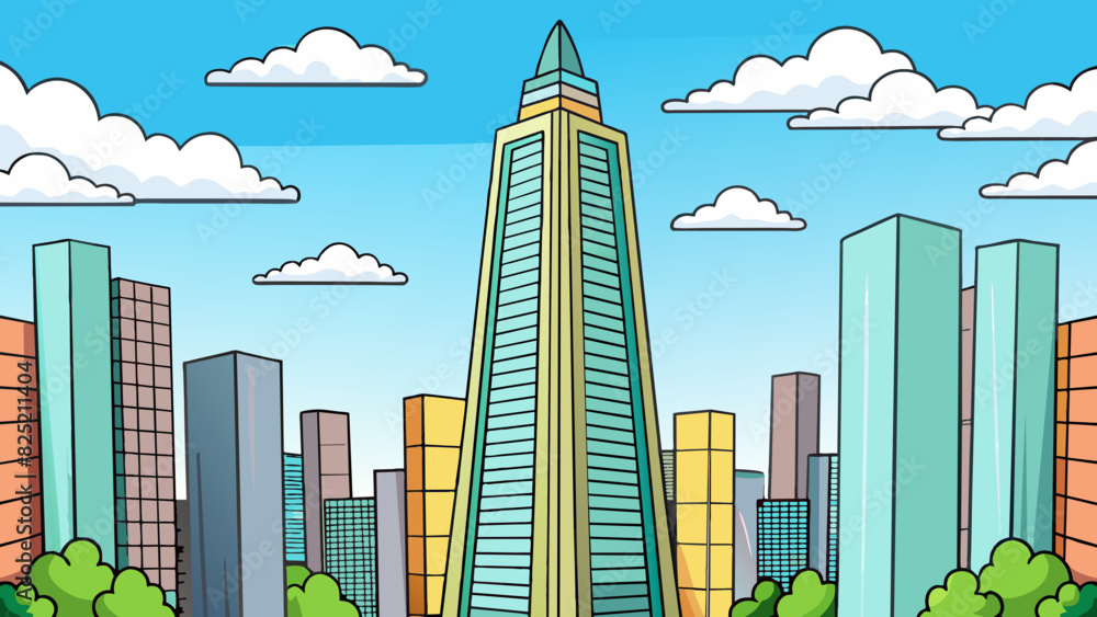 Poster the tall towering shape of the skyscr suggests power and influence dominating the city skyline.. car