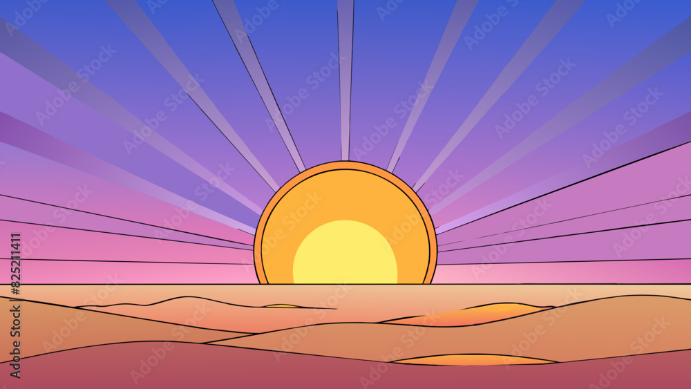 Poster the sun rising over the horizon spreading its warm glow across the land. the colors of the sky gradu
