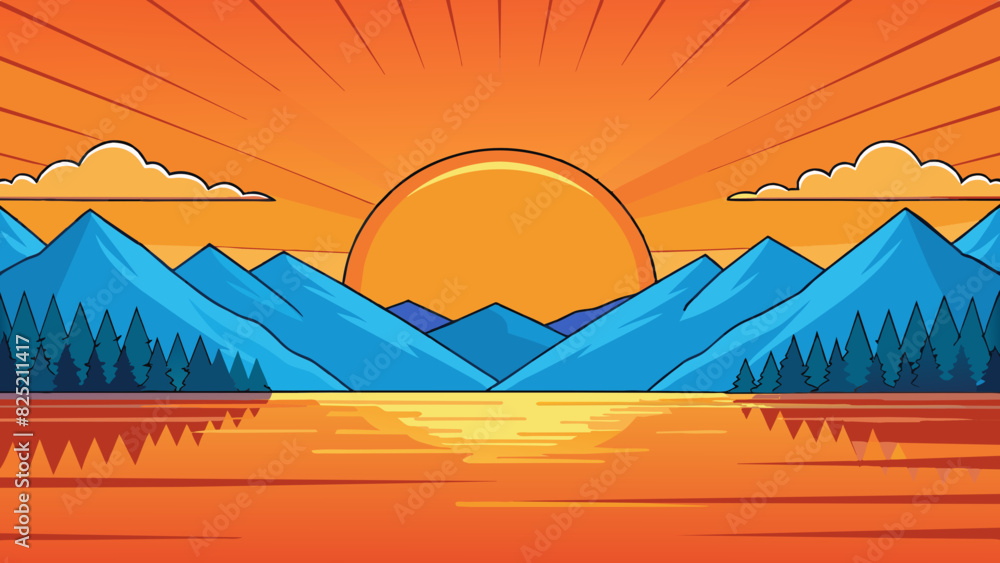Poster The sun was nearly setting behind the mountains casting a warm orange glow across the sky and reflecting off the calm lake.. Cartoon Vector.
