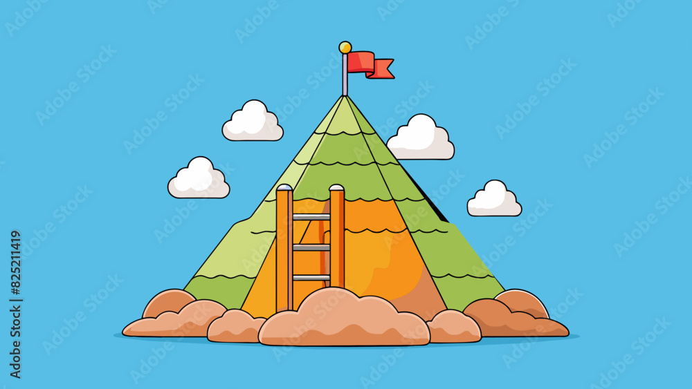 Poster The third goal is a mountain peak reaching high into the clouds. Its rugged terrain presents a challenging but rewarding climb. At the top there is a. Cartoon Vector.