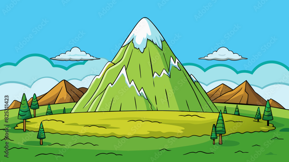 Poster the tall formidable mountain peak surrounded by rolling green hills is a certain fixture in its land