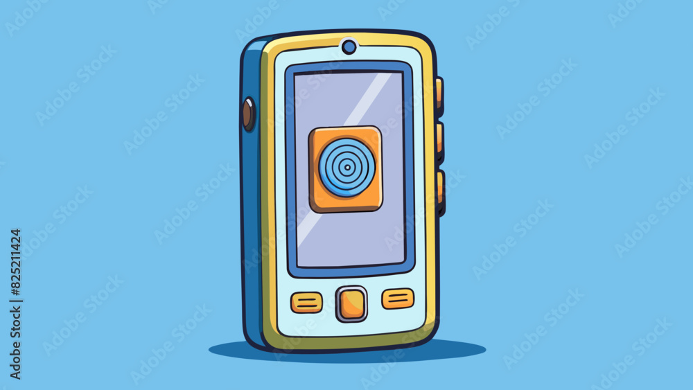 Aufkleber The third cellphone is a larger device with a curved screen and a metal frame. It has a fingerprint scanner for security and a dual camera on the back. Cartoon Vector.