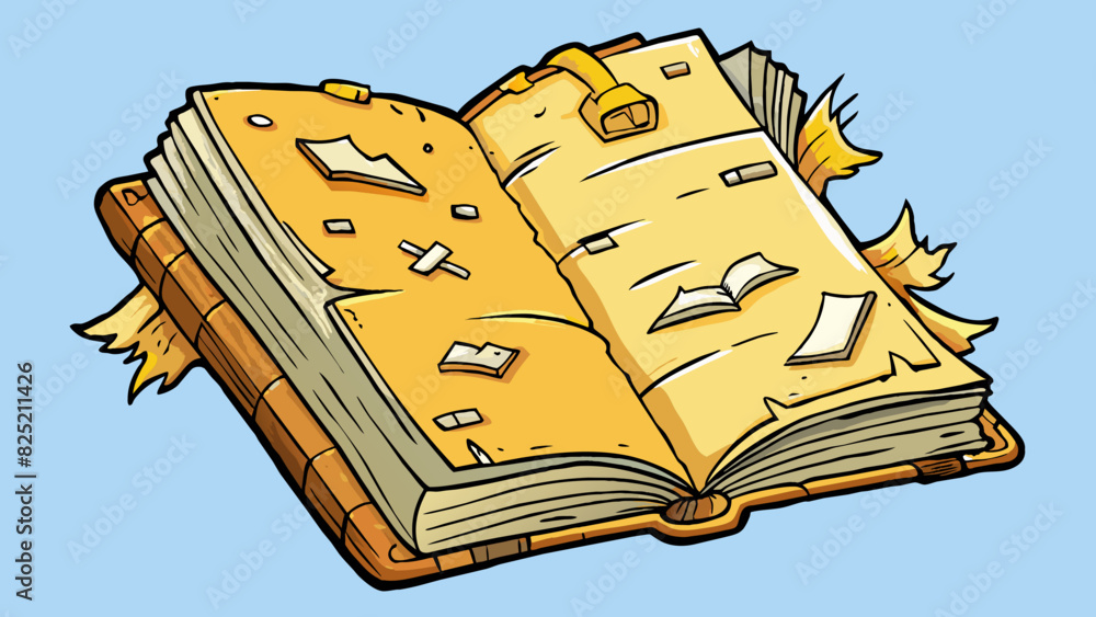 Poster the tattered book had yellowed pages and a broken spine with dogeared corners and handwritten notes 