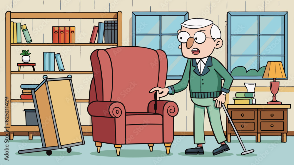 Poster the third customer is an elderly man with a cane slowly making his way through a furniture store. he