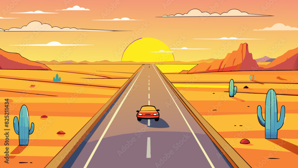 Poster the sun was setting over the vast desert landscape casting a warm glow on the empty road ahead. the 