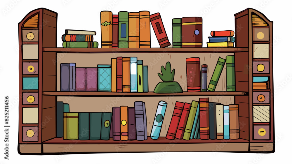 Poster The third bookshelf from the left has deep sy wooden shelves filled with books of all sizes and genres.. Cartoon Vector.