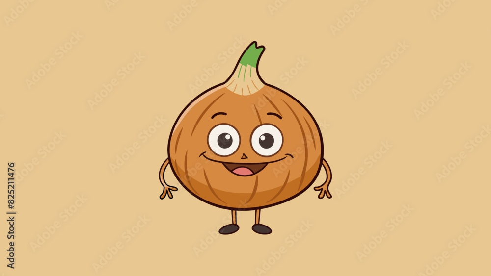 Poster The third ingredient in the recipe is a small round onion with a papery brown skin and a sharp pungent smell.. Cartoon Vector.