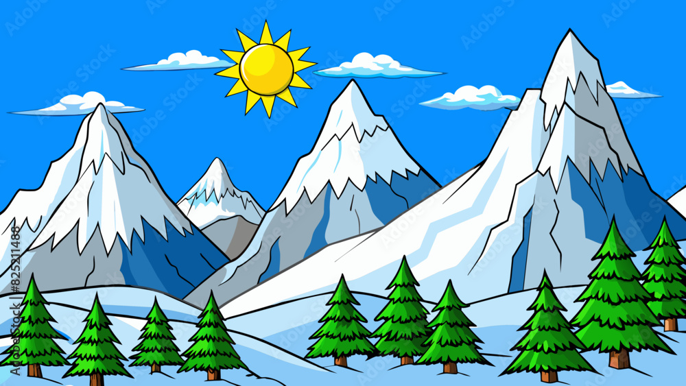 Poster The third level is set in a snowcapped mountain range with steep cliffs and jagged peaks. The air is thin and cold and the ground is covered in a. Cartoon Vector.