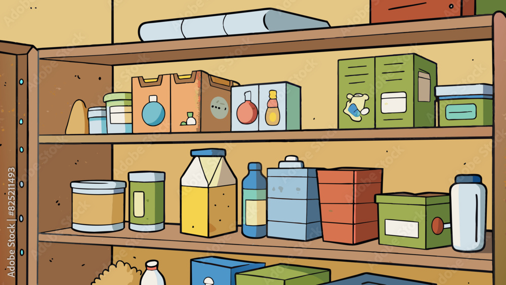 Poster The top shelf of the pantry tends to collect boxes and bottles that have long expired with dust accumulating on their neglected surfaces.. Cartoon Vector.