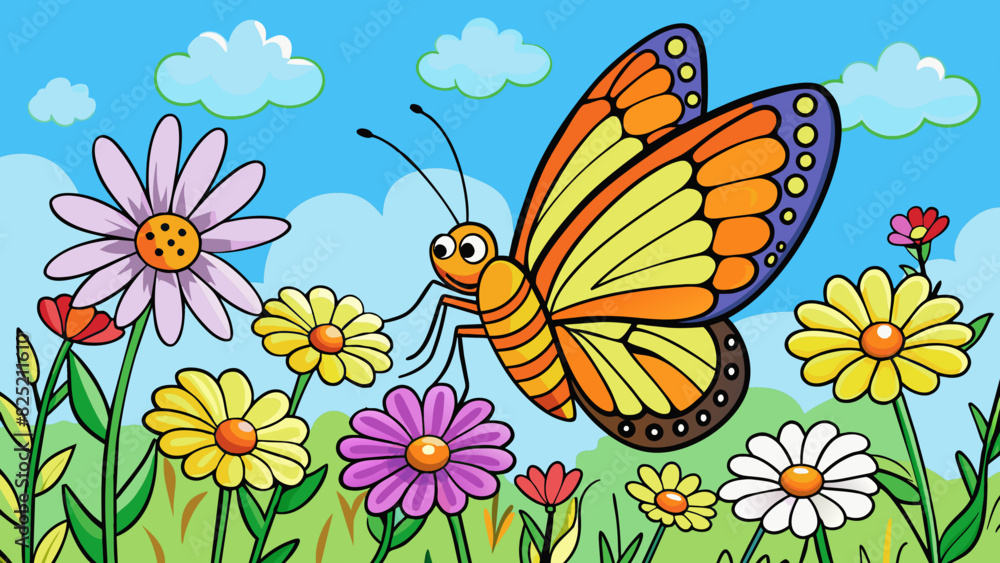 Poster The vibrant colors of a butterflys wings as it flutters gracefully through a field of wildflowers sipping nectar from each delicate bloom.. Cartoon Vector.