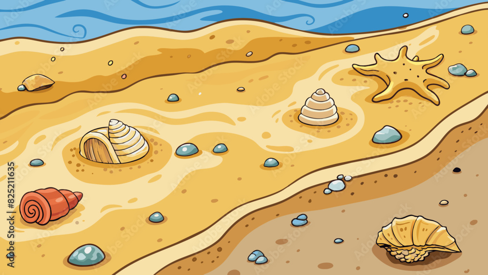 Poster The warm sand of a beach shifts and moves with the tide revealing intricate seashells and tiny creatures hidden beneath its surface.. Cartoon Vector.