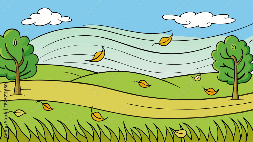Poster The wind whipped through the open field sending waves through the tall grass and rustling the leaves on nearby trees.. Cartoon Vector.