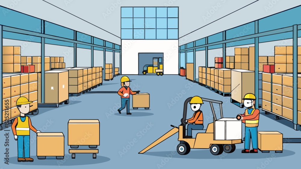 Poster the warehouse department has high ceilings and industrial lighting with rows of tall shelves and for
