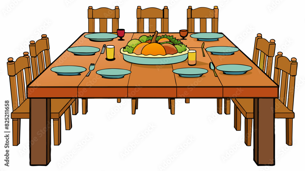 Poster The wooden dining table was solid and sy able to support the weight of a large Thanksgiving feast without so much as a creak.. Cartoon Vector.