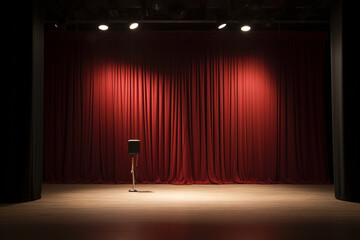 An unoccupied stage with a single microphone on a stand, waiting for the performer to step into the spotlight.