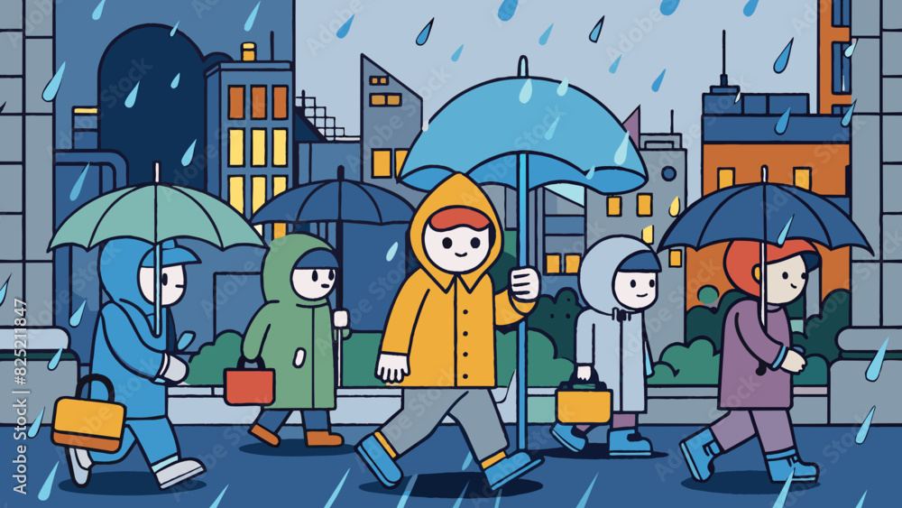 Poster Tuesday brings a change of pace as dark grey clouds roll in signaling the arrival of rain. Umbrellas and raincoats are suddenly the most popular. Cartoon Vector.