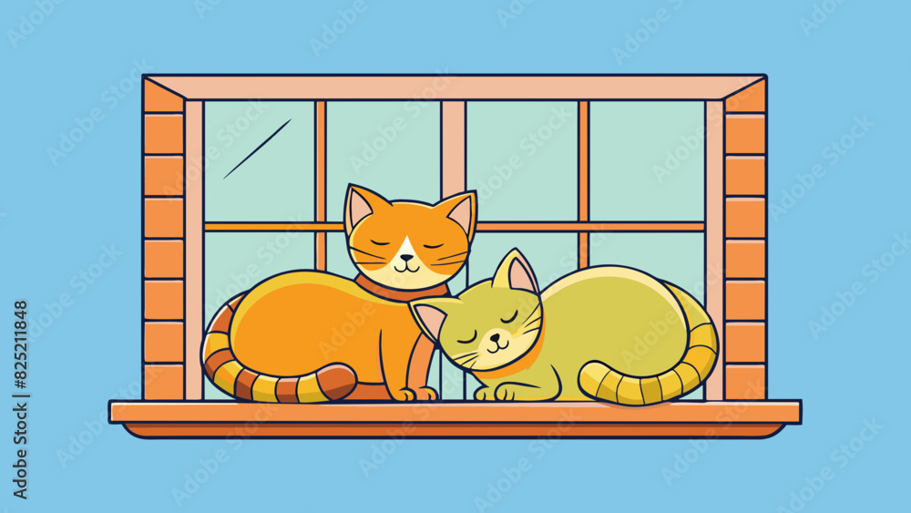 Poster Two cats curled up together on a windowsill their tails entwined and their soft purrs creating a harmonious and content atmosphere.. Cartoon Vector.