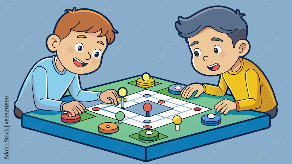 Poster two boys huddle around a board game their eyes focused intently on the playing pieces and spin dial.