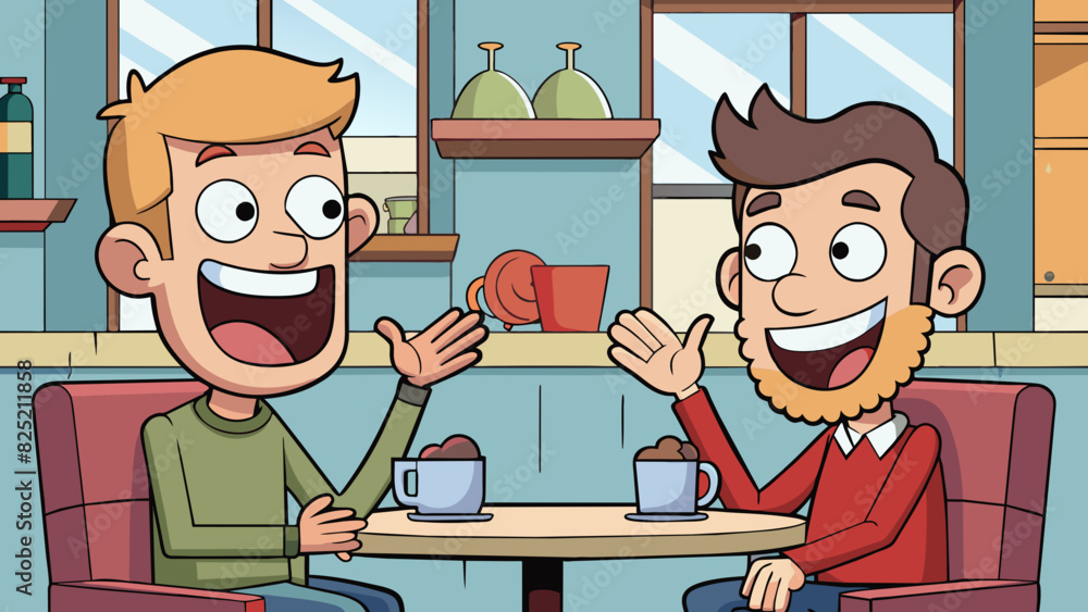 Poster Two friends sat in a coffee shop engaged in a lively conversation. They spoke with enthusiasm and hand gestures often interrupting each other with. Cartoon Vector.