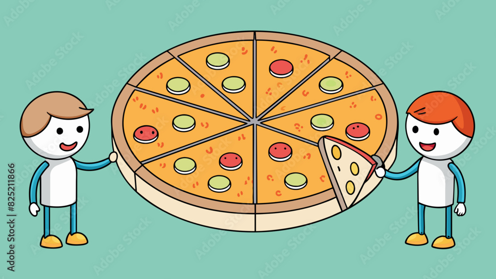 Poster Two friends splitting up a giant pizza into equal slices making sure to count the total number of slices to ensure fairness.. Cartoon Vector.