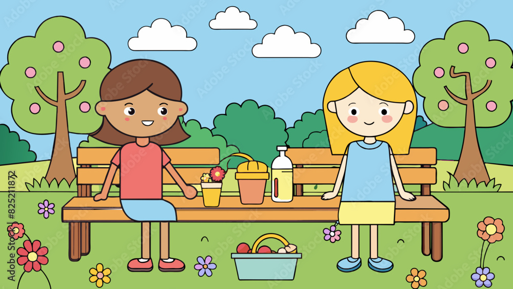 Poster Two friends chatting on a bench in a park surrounded by colorful flowers and trees. They have a picnic blanket spread out in front of them with a. Cartoon Vector.