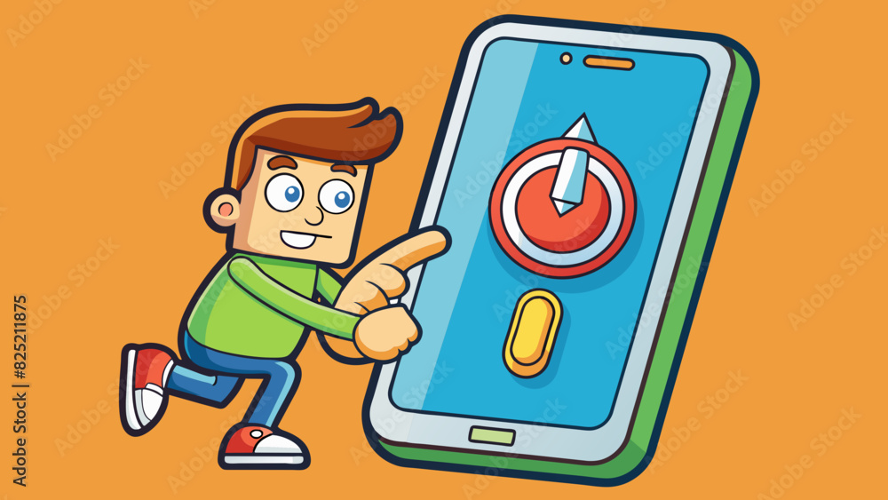 Poster Turn on the phone by pressing and holding the power button.. Cartoon Vector.