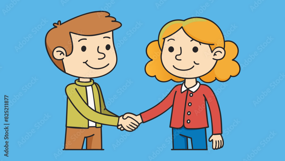 Poster Two people shaking hands The two individuals are standing facing each other with their right hands stretched out towards each other. They are smiling. Cartoon Vector.