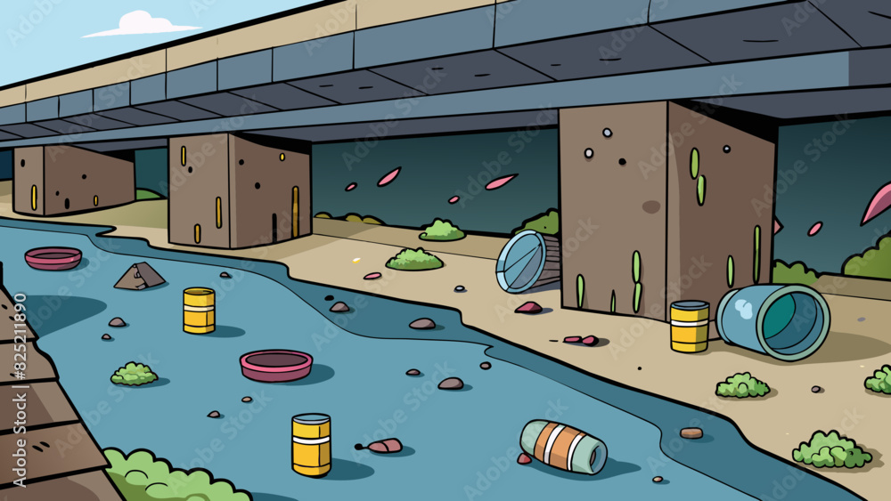 Poster Underneath a bridge there is a dark and damp tunnel with graffiti covering the walls. There are piles of empty soda cans and used needles tered on the. Cartoon Vector.