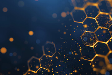 Abstract background of blue and white and a golden honeycomb symbol with a neon graphics background.