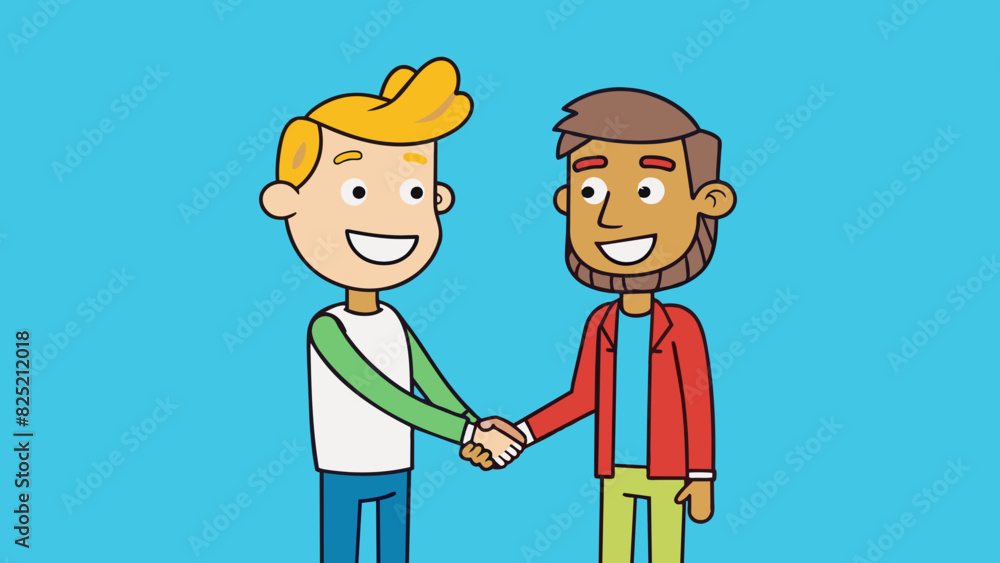 Poster Two individuals standing facetoface exchanging a firm handshake while smiling and making friendly eye contact.. Cartoon Vector.