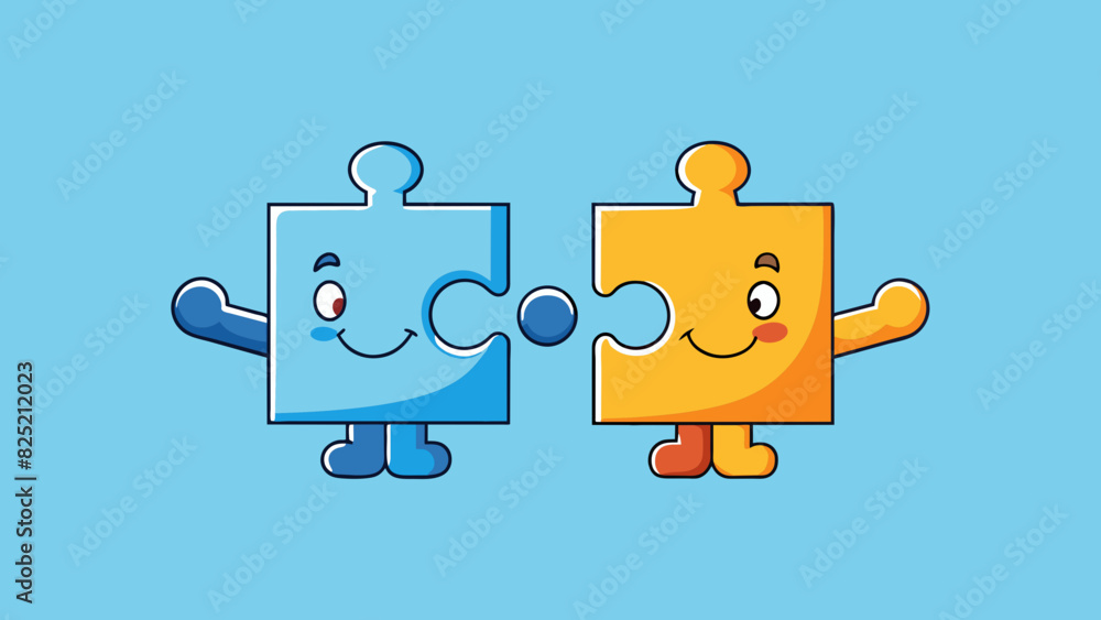 Poster Two puzzle pieces fitting perfectly together representing a harmonious agreement between two entities.. Cartoon Vector.