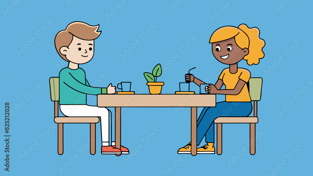 Poster Two people sitting facing each other at a table engaged in conversation and actively listening and responding to each other.. Cartoon Vector.