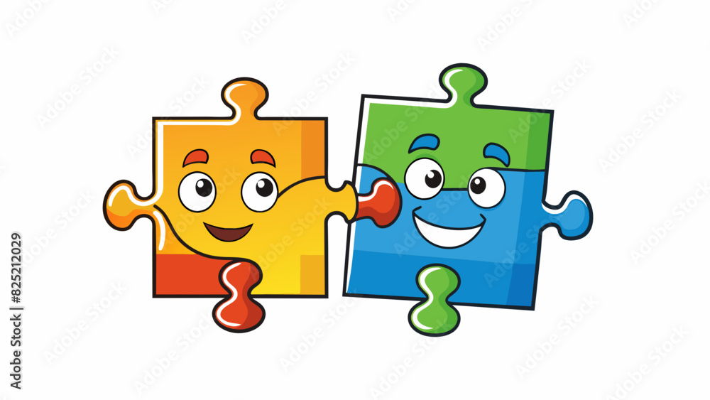 Poster Two puzzle pieces coming together to create a complete picture. The pieces have different shapes and colors but when joined they fit perfectly and. Cartoon Vector.