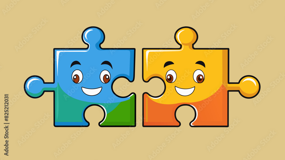 Poster two puzzle pieces fitting perfectly together forming a complete picture.. cartoon vector.