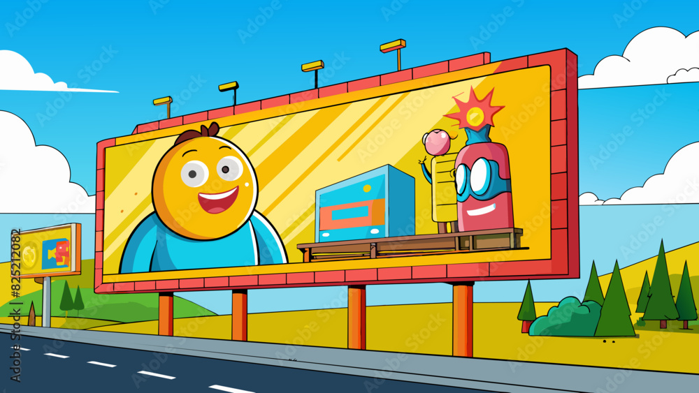 Poster while driving on the highway a bright yellow billboard is seen on the left side of the road. it adve