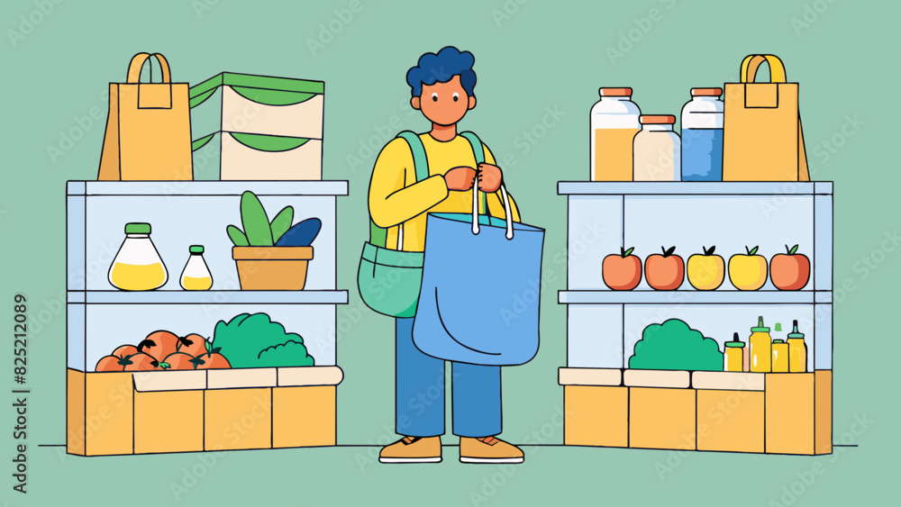 Poster while browsing in a grocery store a shopper loads up their reusable tote bags with fresh produce and