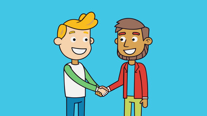 Two individuals standing facetoface exchanging a firm handshake while smiling and making friendly eye contact.. Cartoon Vector.