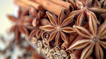 Close-up photo of star anise and cinnamon sticks, showcasing their rich textures and warm colors.