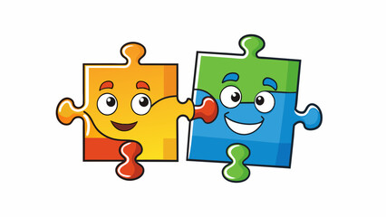 Fototapeta premium Two puzzle pieces coming together to create a complete picture. The pieces have different shapes and colors but when joined they fit perfectly and. Cartoon Vector.