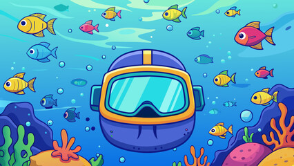 Obraz premium Under the sea A divers mask reveals a vibrant and bustling world beneath the oceans surface. Schools of colorful fish swim by and coral reefs stretch. Cartoon Vector.
