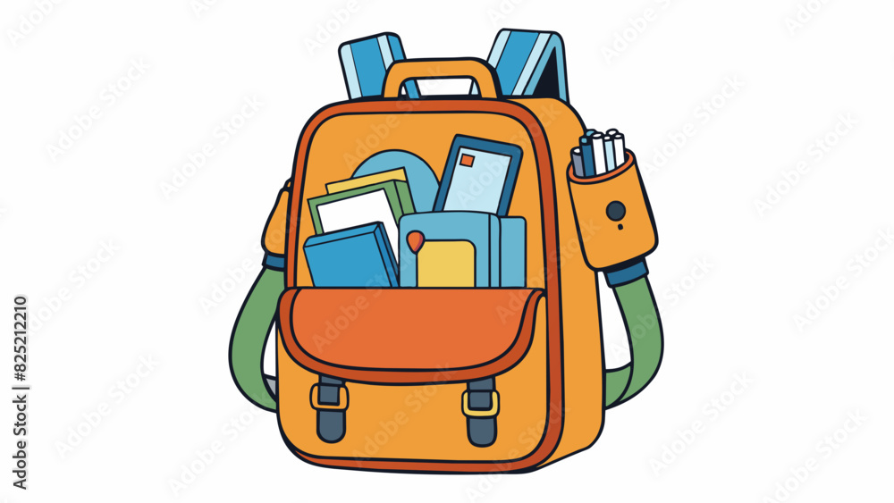 Poster A backpack with multiple pockets and compartments designed for carrying books a laptop and other essentials while on the go.. Cartoon Vector.