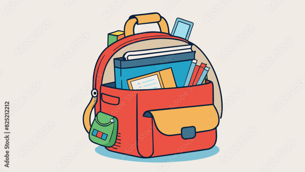 Poster a backpack overflowing with textbooks and school supplies a forgotten lunchbox poking out from one o
