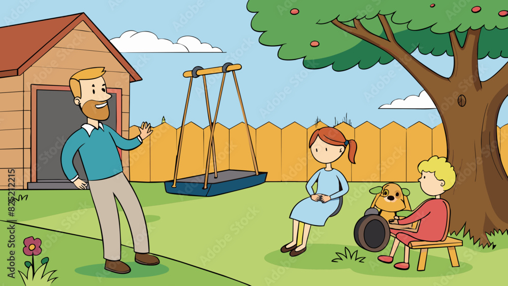 Poster a backyard with a swing set and a large tree with a tire swing hanging from its branches. a father s