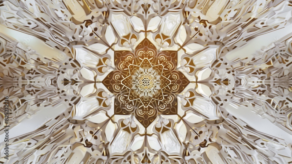 Poster abstract background with intricate symmetrical patterns in gold and white hues
