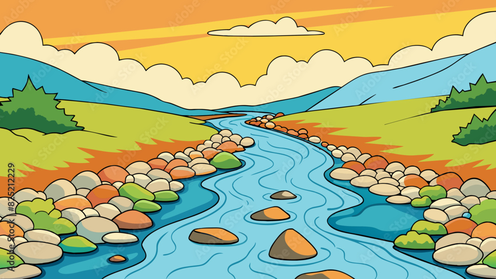 Poster a babbling brook flowing over smooth stones and reflecting the changing colors of the sky its gentle